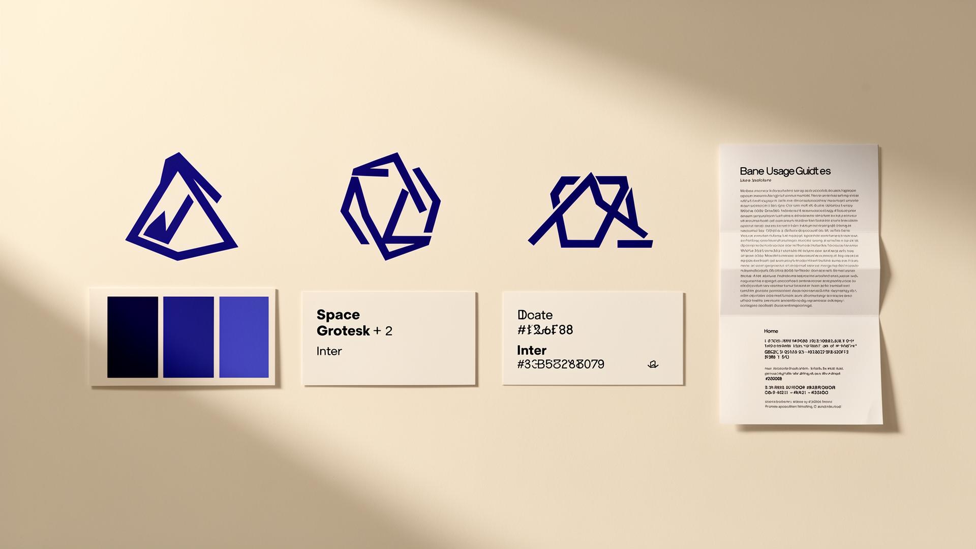 A generated brand kit: logo marks, color palette, font specimens, and a printed usage guide.