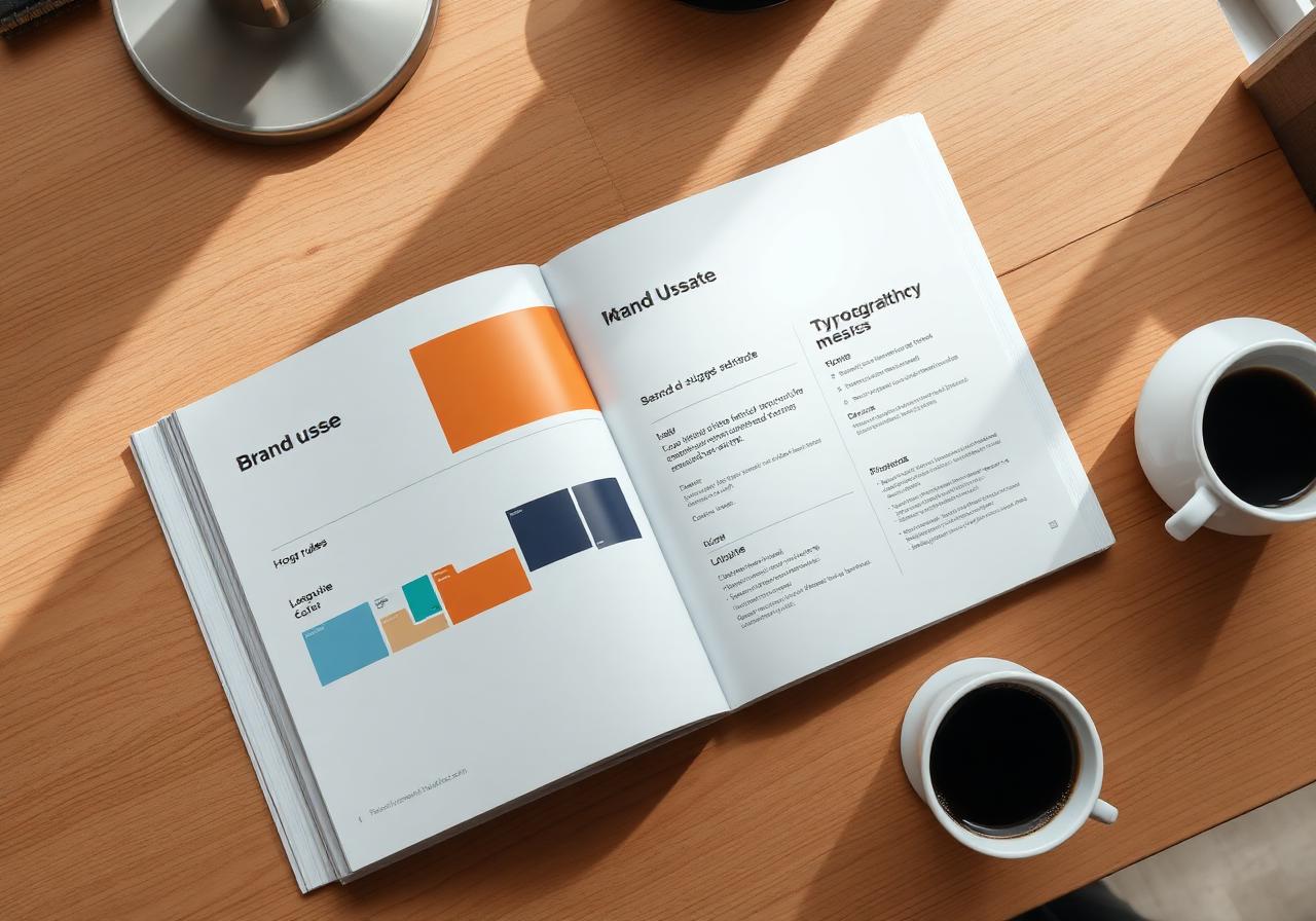 Printed brand usage guide open on a desk